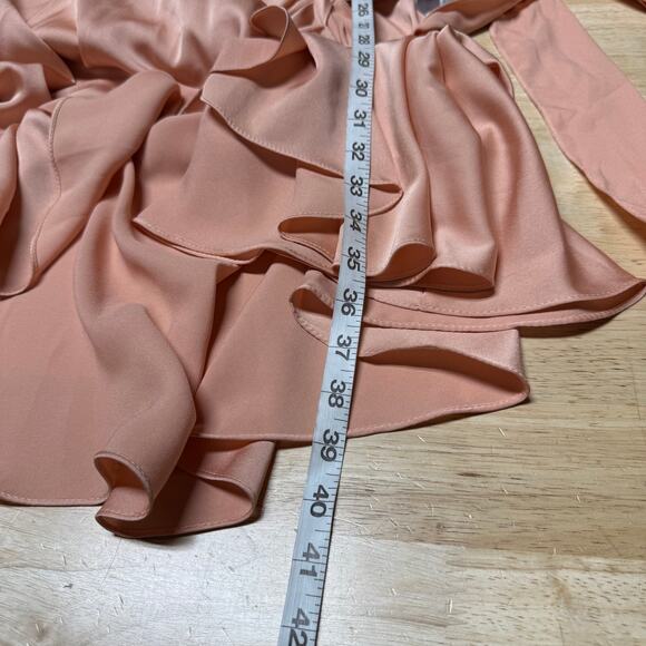 Mac Duggal NWT Salmon Peach Bishop Long Sleeve Satin Short Wrap Dress Size 0 - Picture 10 of 10